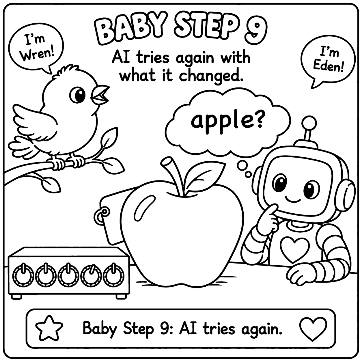 Coloring page, Baby Step 9: &lsquo;AI tries again with what it changed.&rsquo; Another new apple with its tag hidden; Eden guesses again; one of the five dials now sits a little differently.