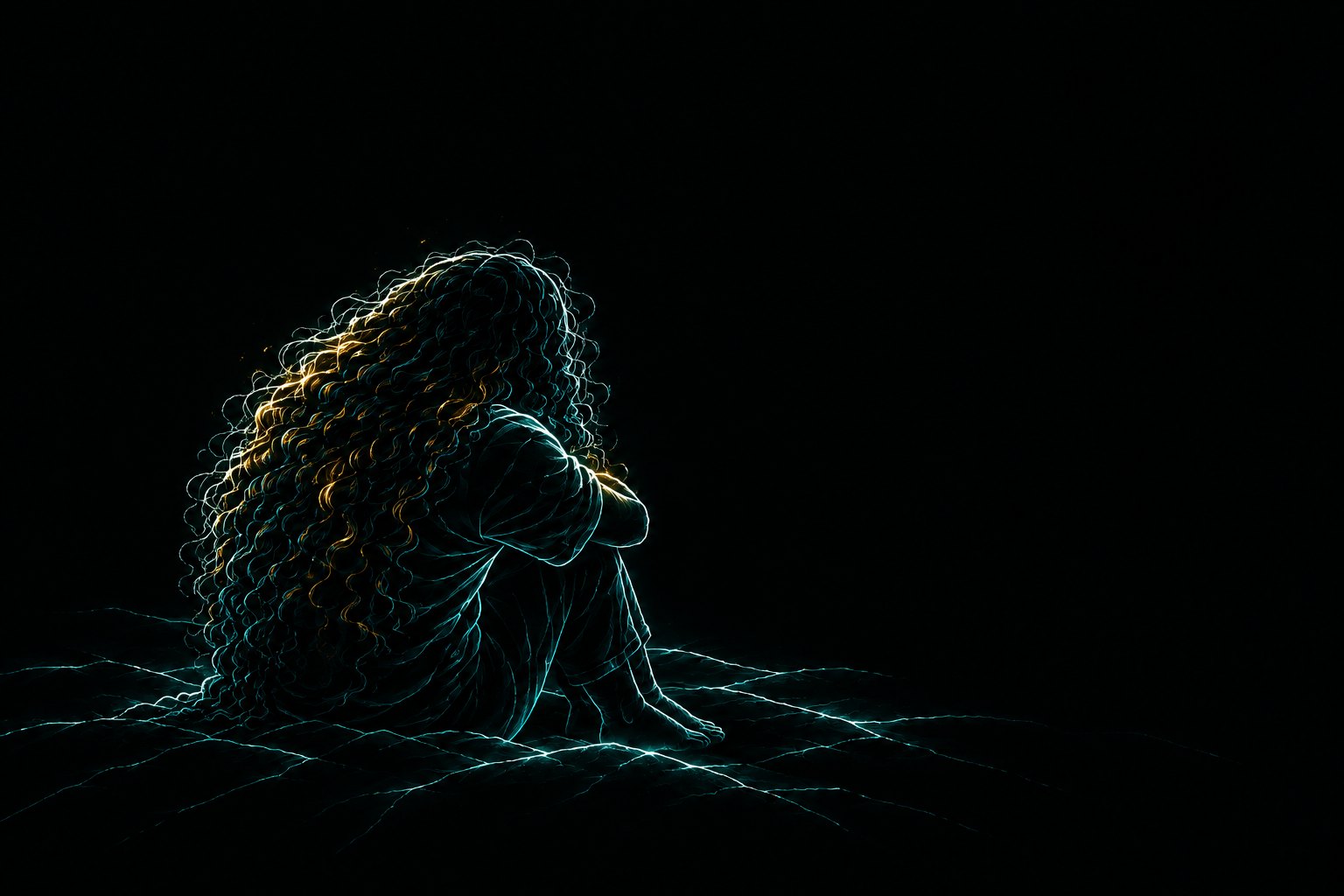 Line drawing in glowing teal on black: a girl with long curly hair sits on cracked ground, knees drawn up, her face hidden in her arms.