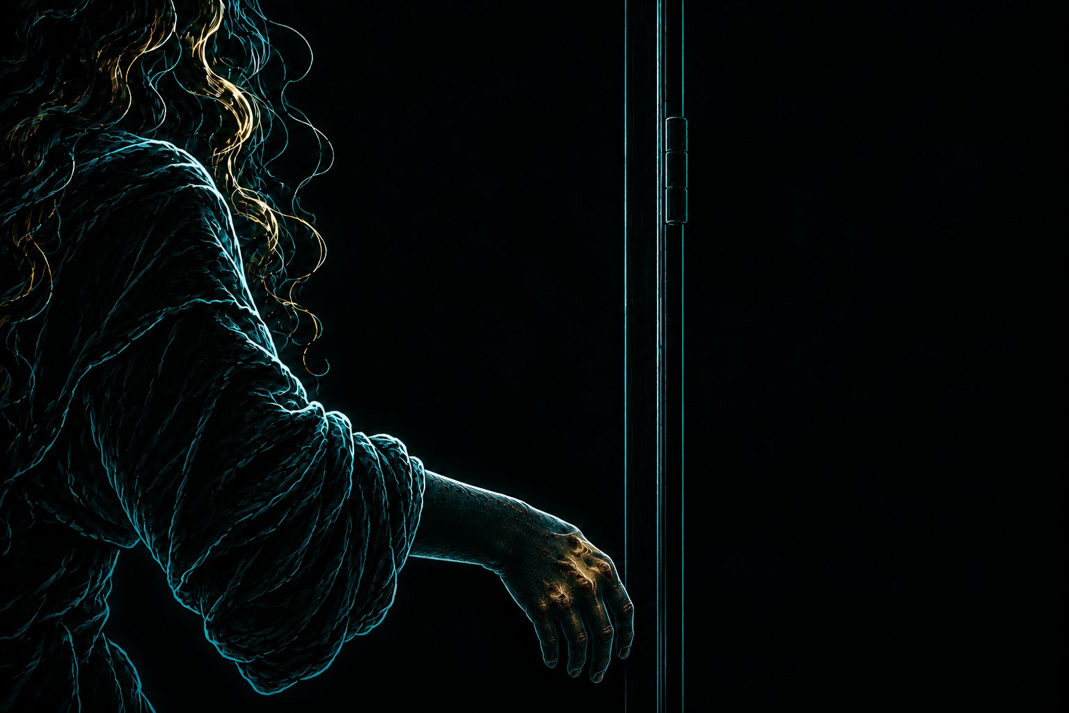 A slack arm and hand rest low beside the edge of a barely drawn door, no longer knocking.