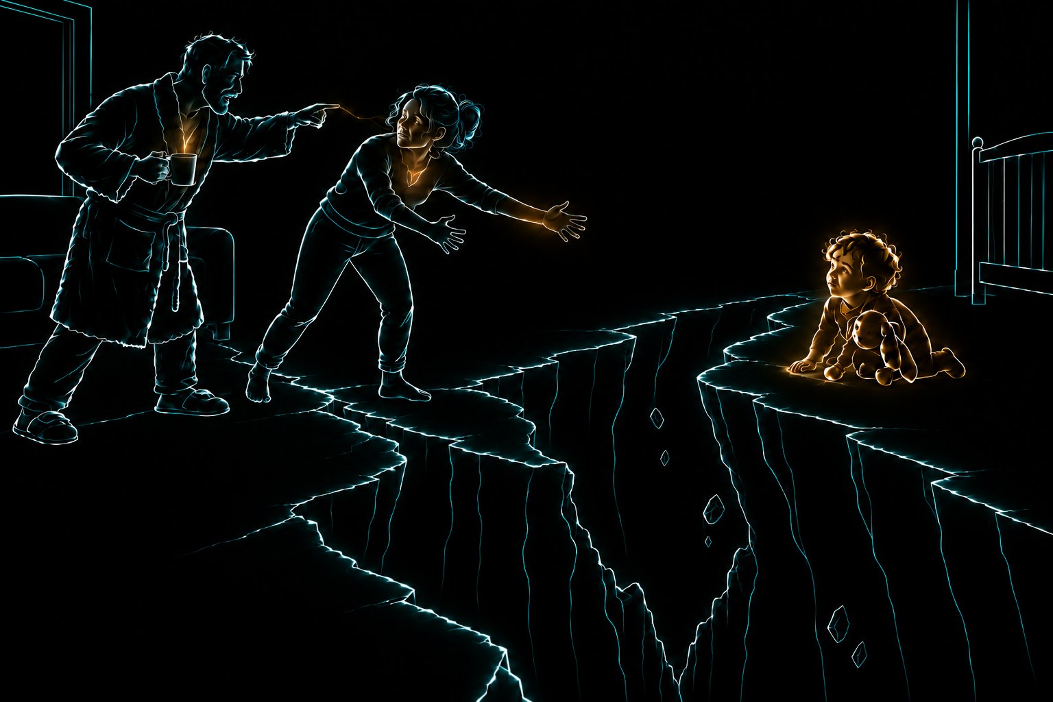 In a dark room, a father in a bathrobe, coffee mug in hand, points and shouts at a mother, who steps away from him with her arms reaching toward their toddler son. A thin crack runs between the parents and widens into a chasm that cuts them off from the boy, who kneels in gold light beside his crib holding a stuffed bunny.