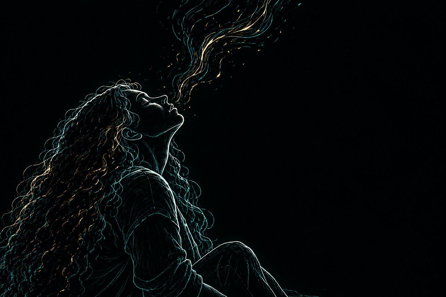 A girl with long curly hair tilts her face upward, and a thread of gold rises from her breath into the dark.