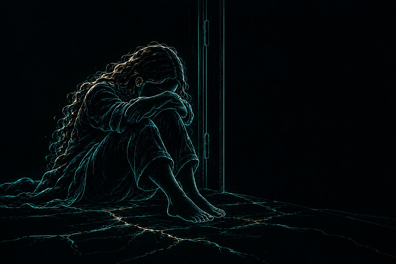 A girl sits on the floor beside a closed door, arms folded over her knees, with faint gold in the cracks of the floor.