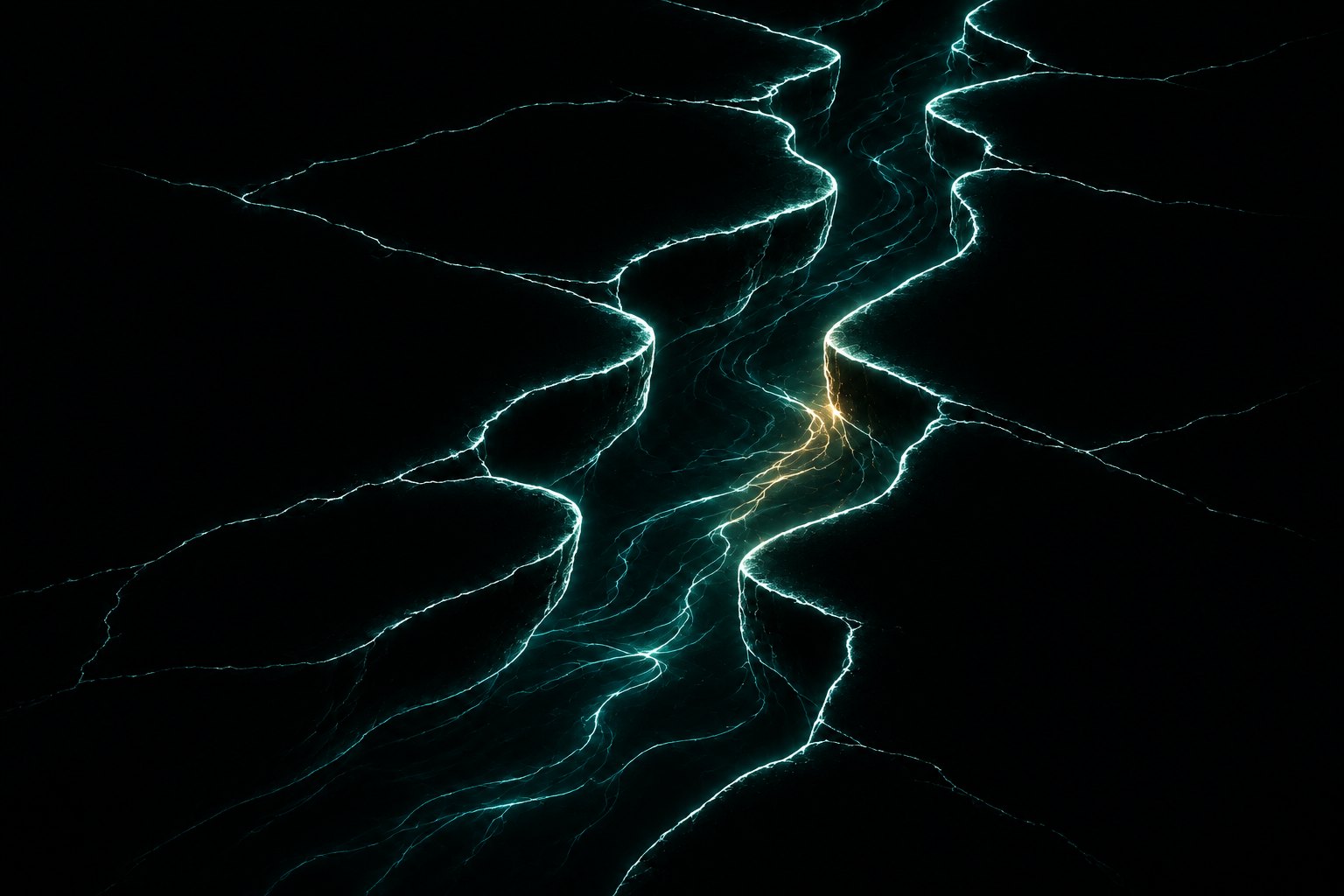 Seen from above, a rift splits dark ground into two pieces whose edges would fit back together. Teal water runs in the gap, with a touch of gold where the edges come closest.