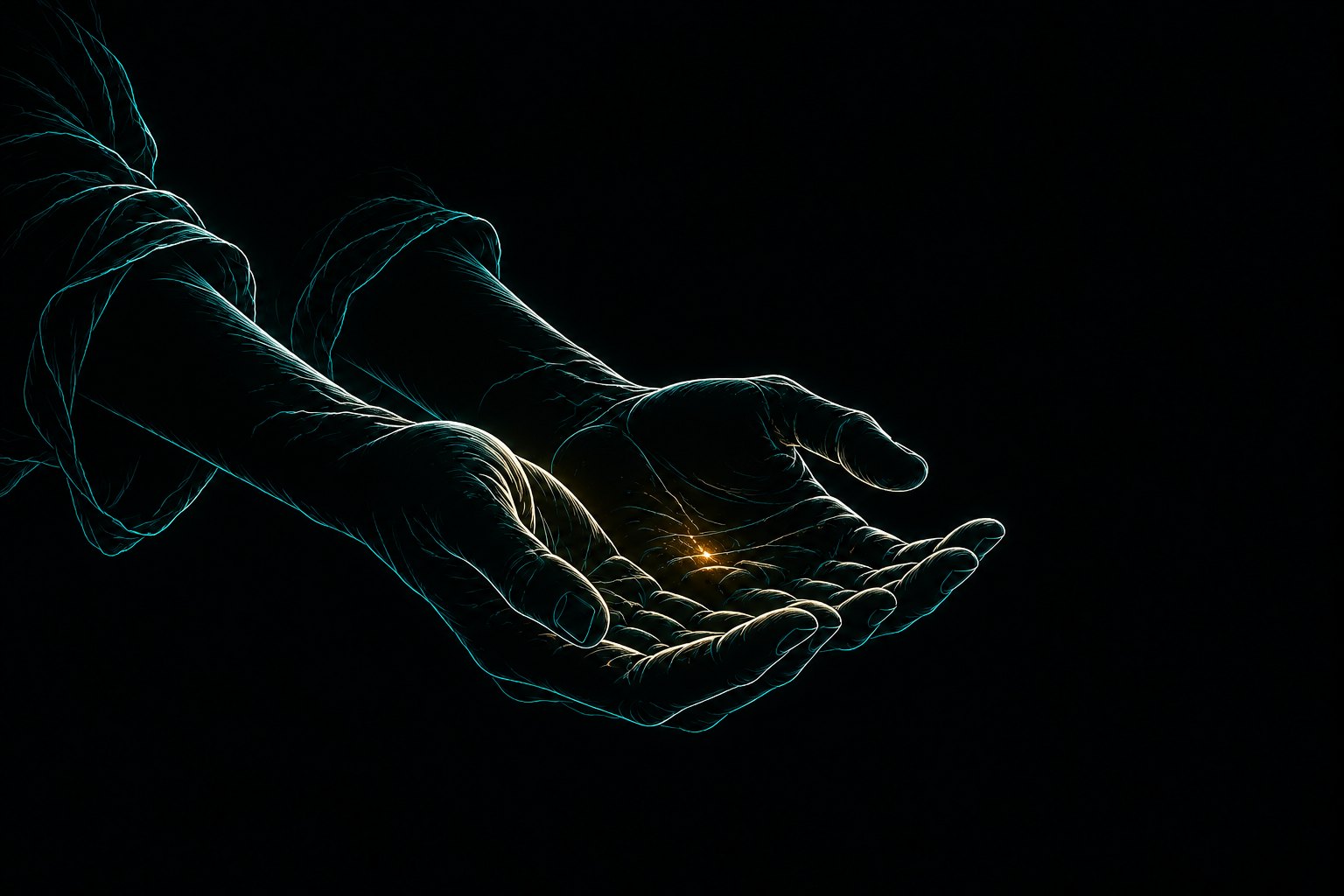 Two open hands held out, palms up, with a small gold ember resting in one palm.