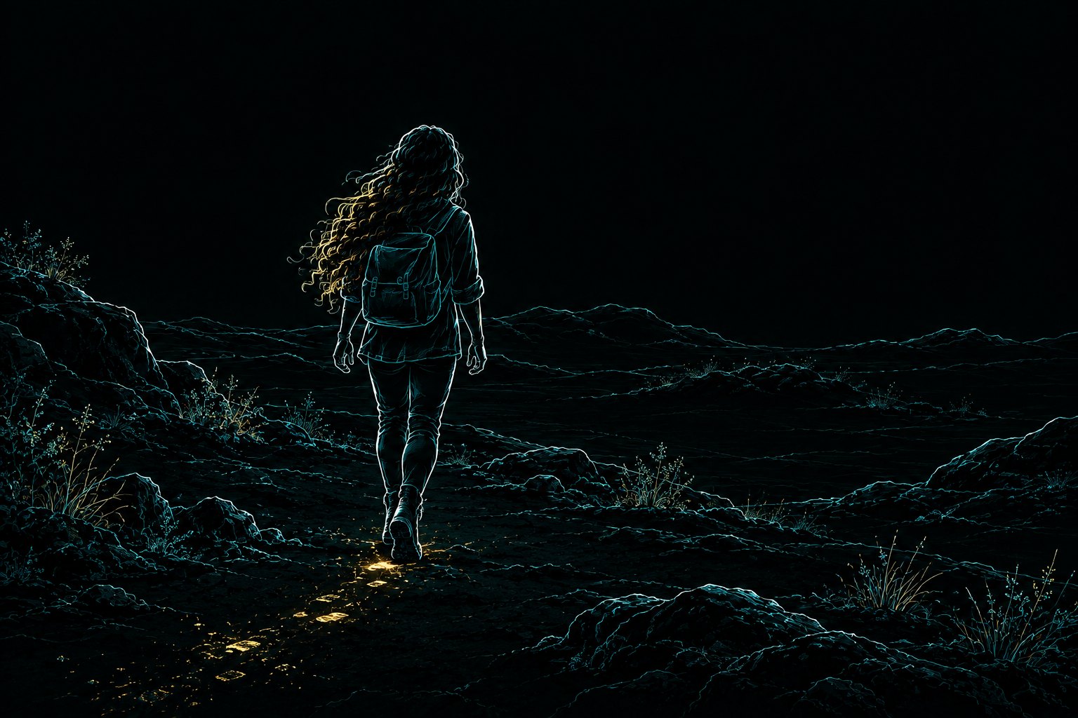 A girl with a small pack walks away along an open path through dark hills, with gold only in the footsteps behind her.