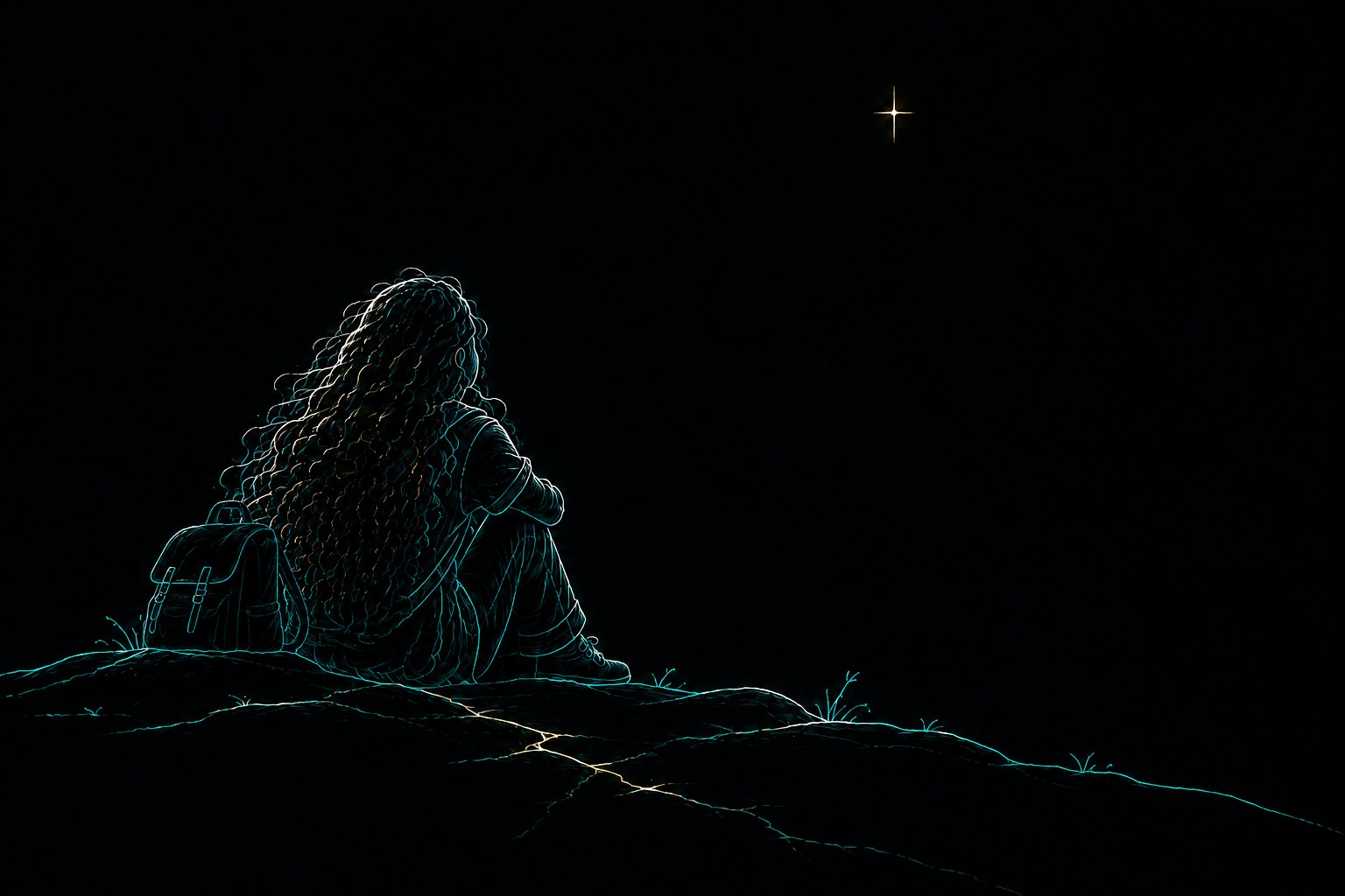 A girl rests on the ground beneath a single star, her pack set down beside her.