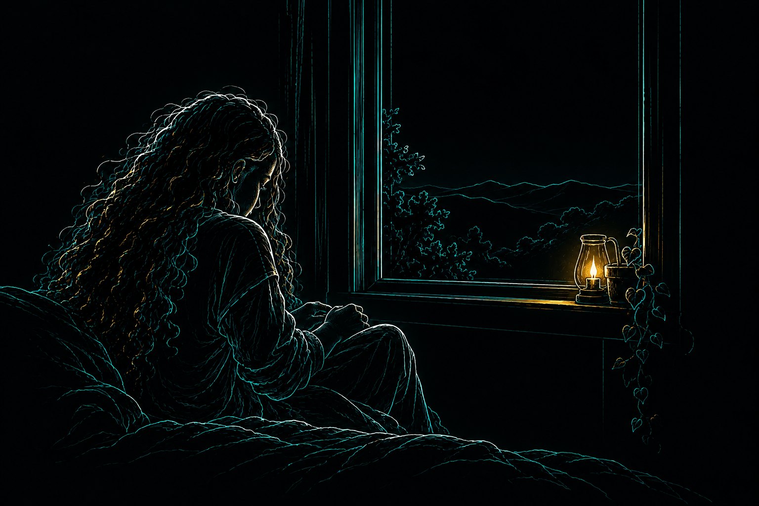 A girl sits by a window at night looking down at her hands; on the sill, a small lantern burns.
