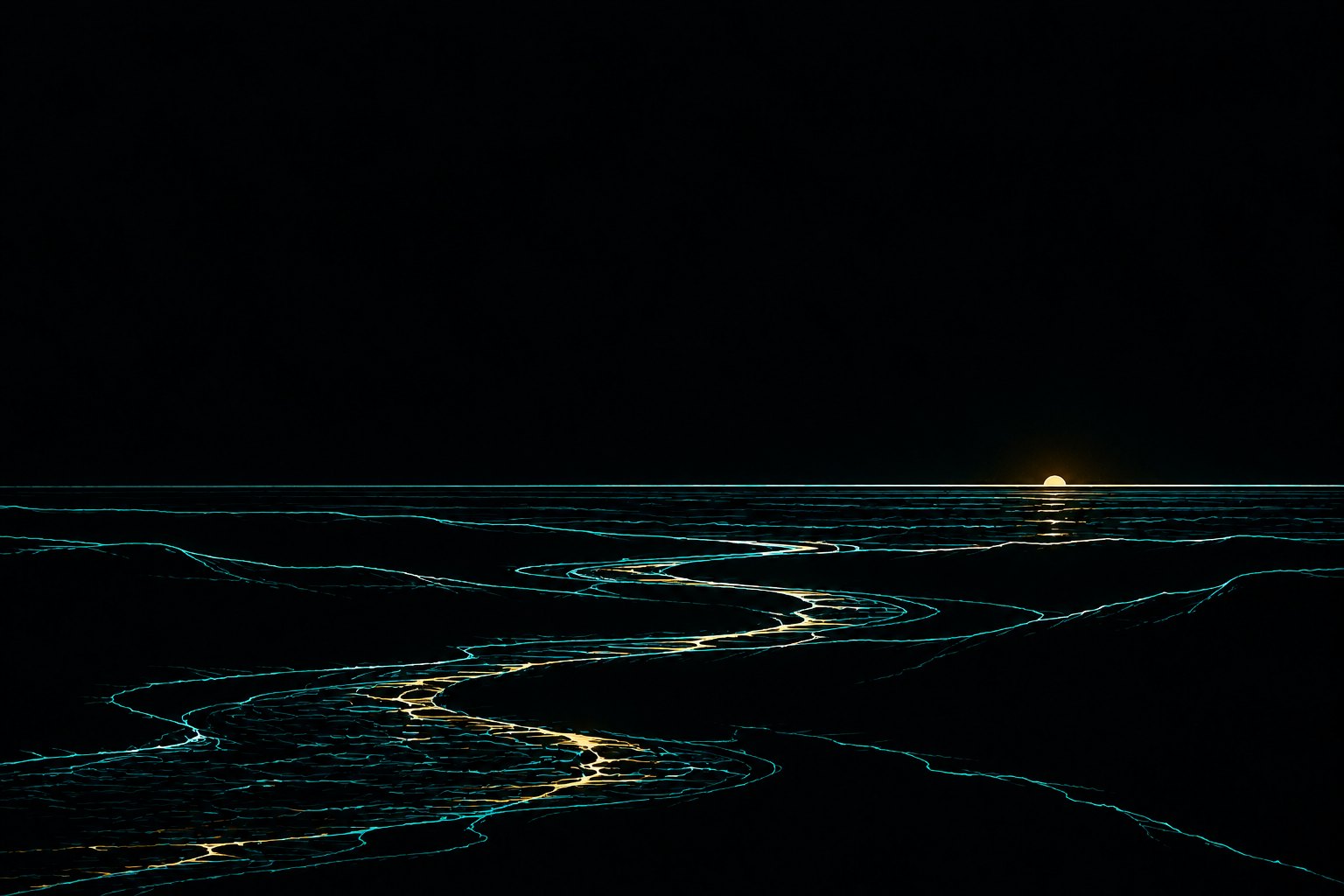 A thin river of teal and gold winds across dark land toward a small sun resting on the horizon.