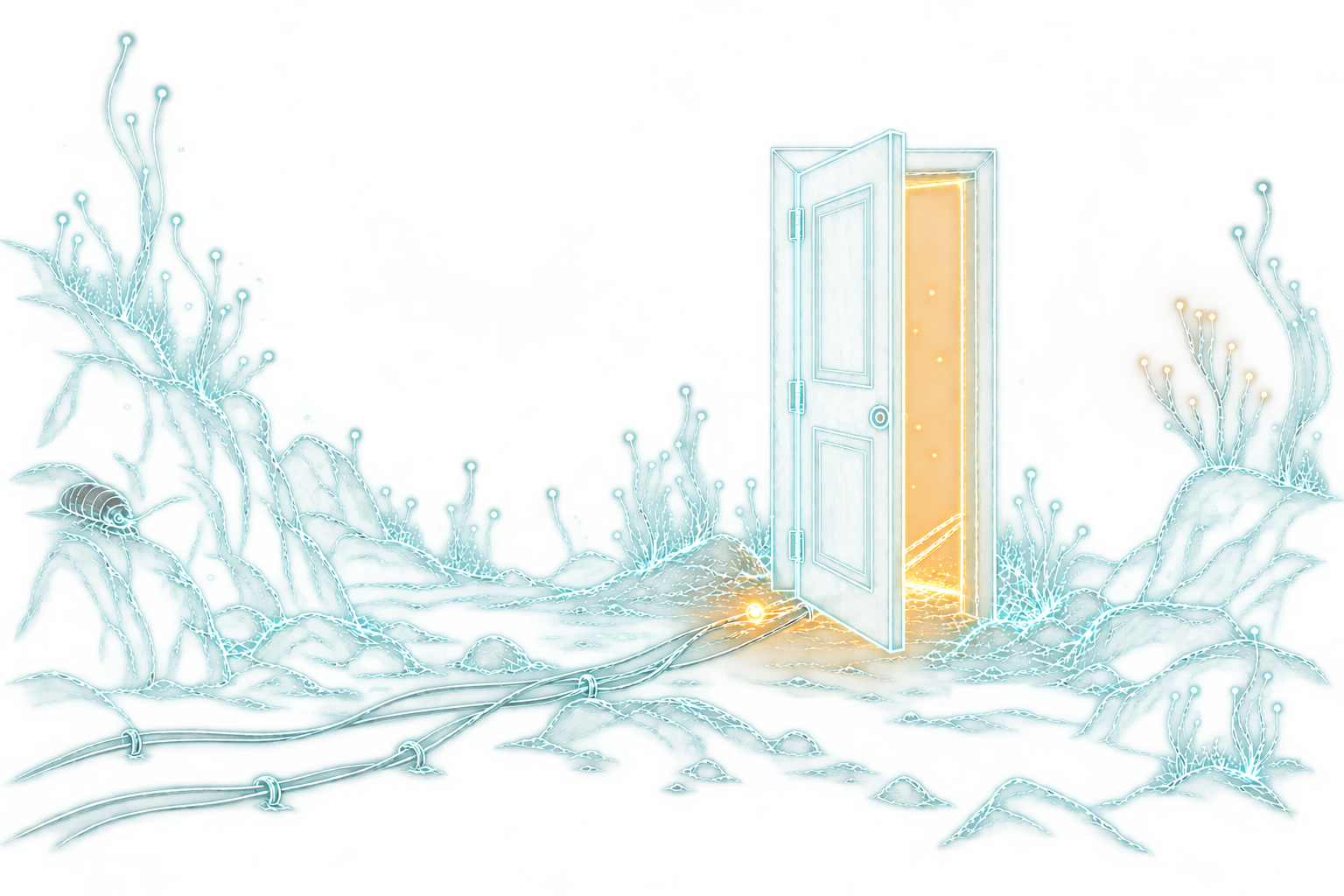 The door of the Cable Room seen from inside, drawn by Eden in glowing teal line: an ordinary door on the sea floor swinging open toward us, hinged on the left with its hinges showing, its near edge standing taller than the frame behind it, warm gold light in the gap on the right, thin cables running along the floor and through the threshold, one small pulse of light, and a small roach watching from a rock at the left.